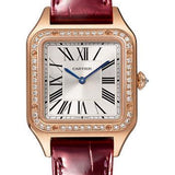 Cartier Santos-Dumont Watch - 38 mm x 27.5 mm Pink Gold Case - Silver Satin-Brushed Dial - Burgundy Leather Strap - WJSA0017