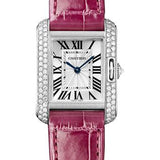 Cartier Tank Anglaise Watch - 30.2 mm White Gold Diamond Case - Silvered Dial - Fuschia Alligator Strap - WT100015