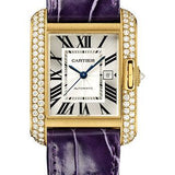 Cartier Tank Anglaise Watch - 39.2 mm Yellow Gold Diamond Case - Silvered Dial - Aubergine Alligator Strap - WT100017