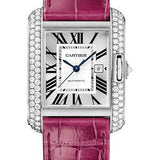 Cartier Tank Anglaise Watch - 39.2 mm White Gold Diamond Case - Silvered Dial - Fuschia Alligator Strap - WT100018