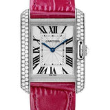 Cartier Tank Anglaise Watch - 34.7 mm White Gold Rodium Diamond Case - Silvered Flinque Dial - Fuchsia Pink Alligator Strap - WT100030