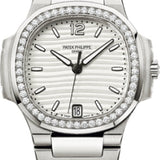 Patek Philippe Nautilus Ladies 33.6mm Silver Index Diamond Bezel Stainless Steel Diamond Set Date | 7018/1A-001