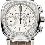 Patek Philippe Complications Ladies Chronograph 35 x 39mm Silver Opaline Roman White Gold Diamond Set Leather Manual | 7071G-001