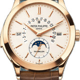 Patek Philippe Grand Complications Perpetual Calendar Day Month Moon Phase 39.5mm Silver Opaline Index Rose Gold Leather Manual | 5216R-001