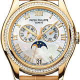 Patek Philippe Complications Ladies Annual Calendar Moon Phase White Mother of Pearl 37mm Roman Diamond Bezel Yellow Gold Leather Date | 4936J-001