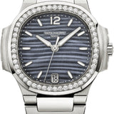 Patek Philippe Nautilus Ladies 33.6mm Blue Stainless Steel Mother of Pearl Index Diamond Bezel Date | 7018/1A-010