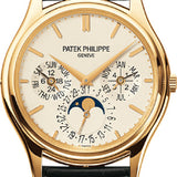 Patek Philippe Grand Complications Day-Date Annual Calendar Moon Phase 37.2mm White Opaline Index Yellow Gold Leather Automatic | 5140J-001