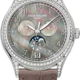 Patek Philippe Complications Ladies Annual Calendar Moon Phase 38mm Black Tahitian Mother of Pearl Arabic White Gold Diamond Set Leather Automatic | 4948G-001