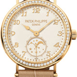 Patek Philippe Complications Moon Phase Manual Ladies Yellow Gold Diamond Bezel 33mm Cream Dial Alligator Leather Strap | 7121J-001