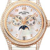 Patek Philippe Complications Ladies Annual Calendar Moon Phase 37mm White Mother of Pearl Arabic Rose Gold Diamond Set Leather Date | 4937R-001