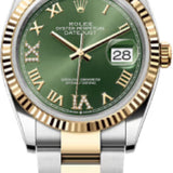 Rolex Datejust 36 Yellow Gold/Steel Olive Green Roman Diamond VIIX Dial & Fluted Bezel Oyster Bracelet | 126233