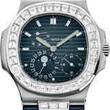 Patek Philippe Nautilus 40mm Black-Blue Baguette Diamond Bezel Moon Phase Date White Gold Leather Automatic | 5724G-001