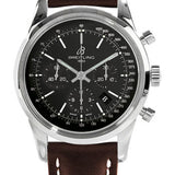 Breitling Transocean 01 Chronograph Watch - 43mm Steel Case - Black Dial - Brown Leather Strap - AB015212/BA99/438X/A20D.1