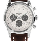 Breitling Transocean 01 Chronograph Watch - 43mm Steel Case - Mercury Silver Dial - Brown Leather Strap - AB015212/G724/438X/A20D.1