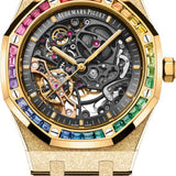 Audemars Piguet Royal Oak Frosted Gold Double Balance Wheel Openworked Yellow Gold 41mm Rainbow Gem-set Bezel | 15412BA.YG.1224BA.01