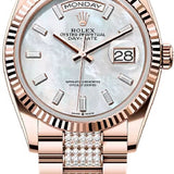 Rolex Day-Date 36 36mm White MOP Diamond-Set Dial Fluted Bezel President Bracelet - 128235