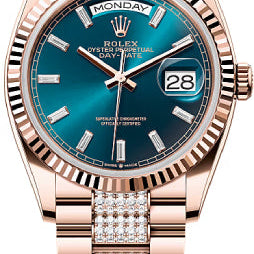 Rolex Day-Date 36 36mm Blue Green Diamond-Set Dial Fluted Bezel President Bracelet - 128235