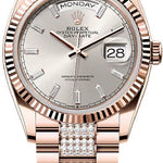 Rolex Day-Date 36 36mm Silver Diamond-Set Dial Fluted Bezel President Bracelet - 128235