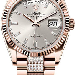 Rolex Day-Date 36 36mm Silver Diamond-Set Dial Fluted Bezel President Bracelet - 128235