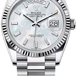 Rolex Day-Date 36 36mm White MOP Diamond-Set Dial Fluted Bezel President Bracelet - 128236