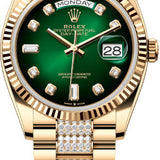 Rolex Day-Date 36 36mm Green Ombré Diamond-Set Dial Fluted Bezel with Diamond-Set President Bracelet - 128238