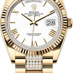 Rolex Day-Date 36 36mm White Roman Dial Fluted Bezel with Diamond-Set President Bracelet - 128238