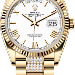 Rolex Day-Date 36 36mm White Roman Dial Fluted Bezel with Diamond-Set President Bracelet - 128238