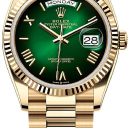 Rolex Day-Date 36 36mm Green Ombré Dial Fluted Bezel President Bracelet - 128238