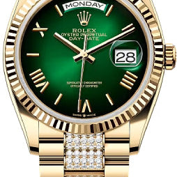 Rolex Day-Date 36 36mm Green Ombré Dial Fluted Bezel with Diamond-Set President Bracelet - 128238