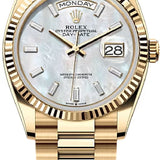 Rolex Day-Date 36 36mm White MOP Diamond-Set Dial Fluted Bezel President Bracelet - 128238