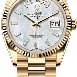 Rolex Day-Date 36 36mm White MOP Diamond-Set Dial Fluted Bezel President Bracelet - 128238