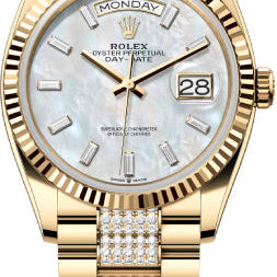 Rolex Day-Date 36 36mm White MOP Diamond-Set Dial Fluted Bezel with Diamond-Set President Bracelet - 128238