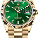 Rolex Day-Date 36 36mm Bright Green Diamond-set Dial Fluted Bezel President Bracelet - 128238