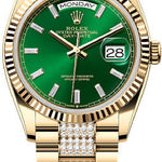 Rolex Day-Date 36 36mm Bright Green Diamond-Set Dial Fluted Bezel with Diamond-Set President Bracelet - 128238