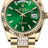 Rolex Day-Date 36 36mm Bright Green Diamond-Set Dial Fluted Bezel with Diamond-Set President Bracelet - 128238