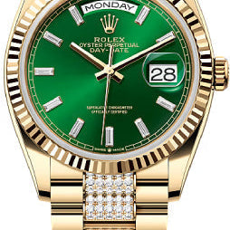 Rolex Day-Date 36 36mm Bright Green Diamond-Set Dial Fluted Bezel with Diamond-Set President Bracelet - 128238