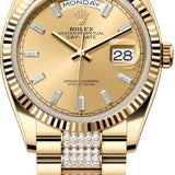 Rolex Day-Date 36 36mm Champagne Diamond-Set Dial Fluted Bezel with Diamond-Set President Bracelet - 128238