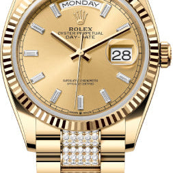 Rolex Day-Date 36 36mm Champagne Diamond-Set Dial Fluted Bezel with Diamond-Set President Bracelet - 128238