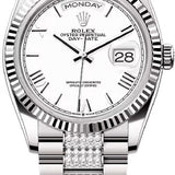 Rolex Day-Date 36 36mm White Roman Dial Fluted Bezel with Diamond-Set President Bracelet - 128239