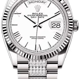 Rolex Day-Date 36 36mm White Roman Dial Fluted Bezel with Diamond-Set President Bracelet - 128239