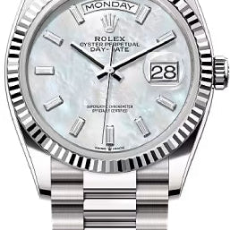 Rolex Day-Date 36 36mm White MOP Diamond-Set Dial Fluted Bezel President Bracelet - 128239