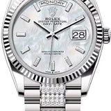 Rolex Day-Date 36 36mm White MOP Diamond-Set Dial Fluted Bezel with Diamond-Set President Bracelet - 128239