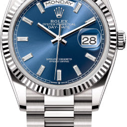 Rolex Day-Date 36 36mm Bright Blue Diamond-Set Dial Fluted Bezel President Bracelet - 128239