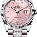 Rolex Day-Date 36 36mm Pink Diamond-Set Dial Fluted Bezel with Diamond-Set President Bracelet - 128239