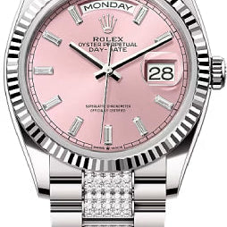 Rolex Day-Date 36 36mm Pink Diamond-Set Dial Fluted Bezel with Diamond-Set President Bracelet - 128239