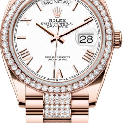 Rolex Day-Date 36 36mm White Roman Dial Diamond-Set Bezel with Diamond-Set President Bracelet - 128345RBR 