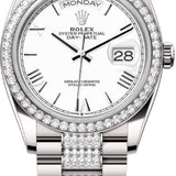 Rolex Day-Date 36 36mm White Roman Dial Diamond-Set Bezel with Diamond-Set President Bracelet - 128349RBR