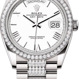 Rolex Day-Date 36 36mm White Roman Dial Diamond-Set Bezel with Diamond-Set President Bracelet - 128349RBR