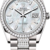 Rolex Day-Date 36 36mm White MOP Diamond-Set Dial Diamond-Set Bezel with Diamond-Set President Bracelet - 128349RBR