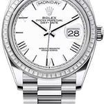 Rolex Day-Date 36 36mm White Roman Dial Diamond-Set Bezel President Bracelet - 128396TBR